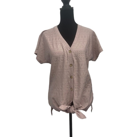 Como Blu Tops - Como Blu Womens Medium Blouse Tie Front Pink Eyelet Shirt